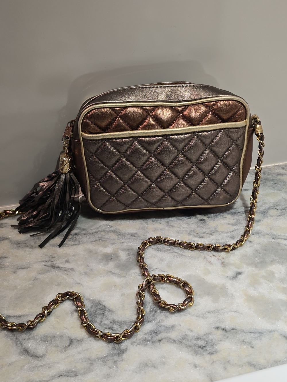 Quilted Metallic Bronze Genuine Leather Crossbody Bag with Tassel